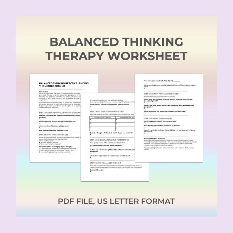 Balanced Thinking, CBT Worksheet, Therapy Printable, Cognitive Skill ...