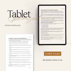 May include: A digital download product with a tablet-optimized design. The image shows a tablet displaying a worksheet and a document with the text "Module 1: Meeting Your Story with Curiosity." The product includes 2 PDF files, each with 28 pages.