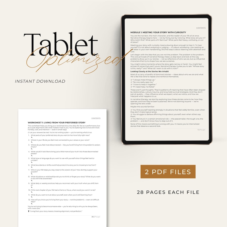 May include: A digital download product with a tablet-optimized design. The image shows a tablet displaying a worksheet and a document with the text "Module 1: Meeting Your Story with Curiosity." The product includes 2 PDF files, each with 28 pages.