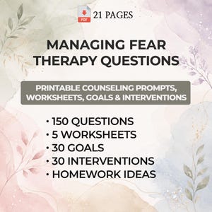Può includere: Un documento PDF di 21 pagine intitolato Managing Fear Therapy Questions, contenente domande di terapia, fogli di lavoro, obiettivi e interventi stampabili. Include 150 domande, 5 fogli di lavoro, 30 obiettivi, 30 interventi e idee per i compiti.
