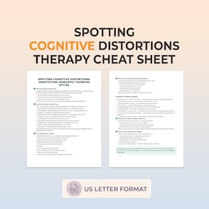May include: A two-page therapy cheat sheet titled Spotting Cognitive Distortions with black text on white paper. The document outlines unhelpful thinking styles, perspective-shifting questions, and reframing samples in US Letter format.