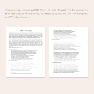 Pu&ograve; includere: Un documento PDF stampabile in bianco e nero con il titolo "Dinamica familiare" e un elenco di 100 domande di terapia per aiutare a migliorare le relazioni familiari.