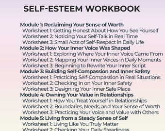 Self Esteem Workbook Adults Therapist Guided Therapy Inner Critic Healing Self-Compassion Journal PDF Daily Self Care Reflection for Women