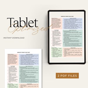 K&ouml;nnte beinhalten: Ein digitales Tablet zeigt ein druckbares Spickzettel f&uuml;r die narrative Therapie. Das Spickzettel enth&auml;lt Kernprinzipien, g&auml;ngige Interventionen, Arten von Fragen, kurzfristige Ziele und langfristige Ziele. Der Text ist in Schwarzwei&szlig; auf wei&szlig;em Hintergrund. Das Tablet befindet sich auf einer wei&szlig;en Oberfl&auml;che. Das Bild enth&auml;lt auch einen Text&uuml;berlagerung, der "Tablet Optimized" und "Instant Download" in schwarzem Text auf wei&szlig;em Hintergrund sagt. Das Bild enth&auml;lt auch einen Text&uuml;berlagerung, der "2 PDF Files" in schwarzem Text auf wei&szlig;em Hintergrund sagt.