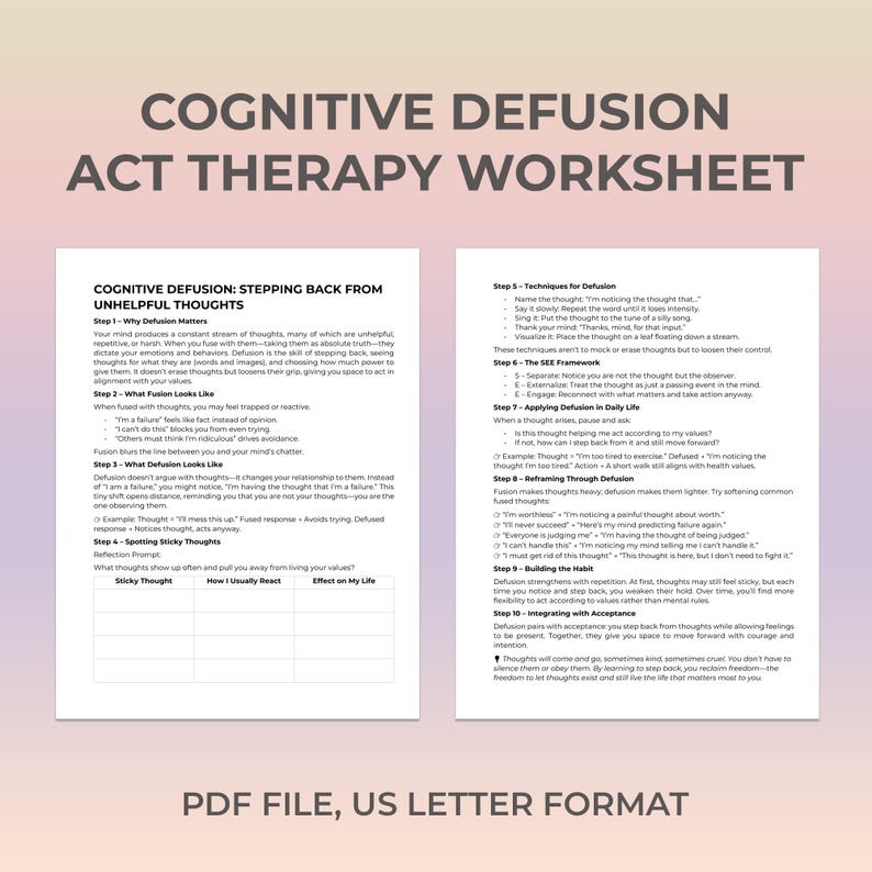 Cognitive Diffusion Worksheets.pdf Cognitive Defusion Worksheet Builds Thought Distance Skills That ...