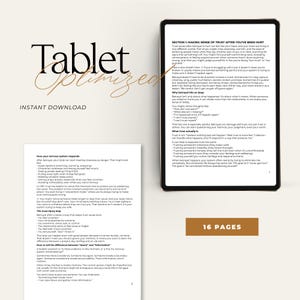 May include: A digital download product with the title "Tablet Optimized" and the words "Instant Download" in a stylish font. The image shows a tablet displaying text about trust and betrayal, with the words "16 Pages" at the bottom.