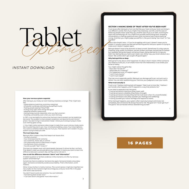 May include: A digital download product with the title "Tablet Optimized" and the words "Instant Download" in a stylish font. The image shows a tablet displaying text about trust and betrayal, with the words "16 Pages" at the bottom.