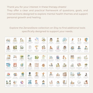Puede incluir: Una colecci&oacute;n de hojas de terapia con ilustraciones y texto. Las hojas est&aacute;n dise&ntilde;adas para explorar temas de salud mental y apoyar el crecimiento personal. El texto dice: "&iexcl;Gracias por su inter&eacute;s en estas hojas de terapia!" y "Explora la colecci&oacute;n ZenaraStore en Etsy."