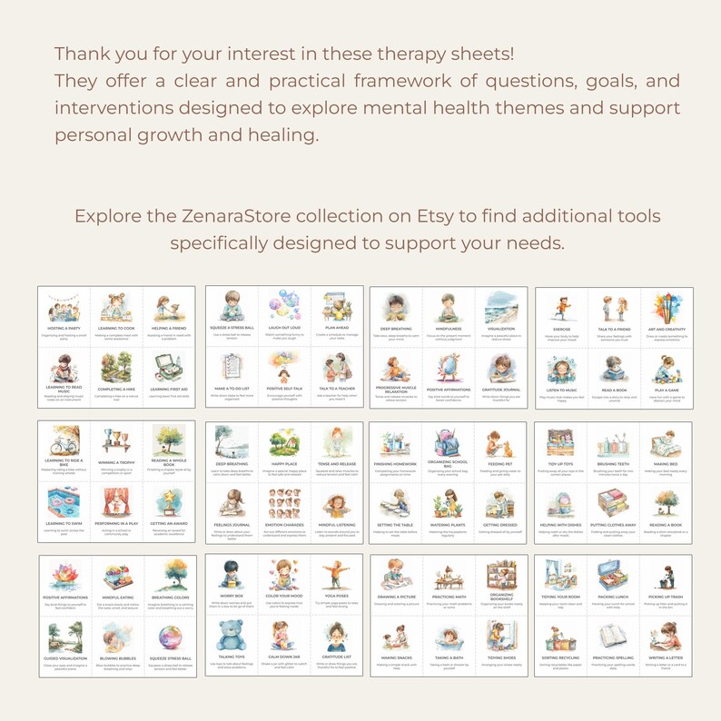 Puede incluir: Una colecci&oacute;n de hojas de terapia con ilustraciones y texto. Las hojas est&aacute;n dise&ntilde;adas para explorar temas de salud mental y apoyar el crecimiento personal. El texto dice: "&iexcl;Gracias por su inter&eacute;s en estas hojas de terapia!" y "Explora la colecci&oacute;n ZenaraStore en Etsy."