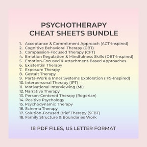 Therapy Cheat Sheets Bundle Pdf – CBT ACT Schema Family MI Sfbt Printable Guides for Therapists Students Quick Reference for Clinicians