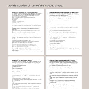 May include: A preview of several worksheets with text. The worksheets cover topics such as rebuilding self-trust after betrayal, trust recovery, and identifying core beliefs. The text is black on a white background.