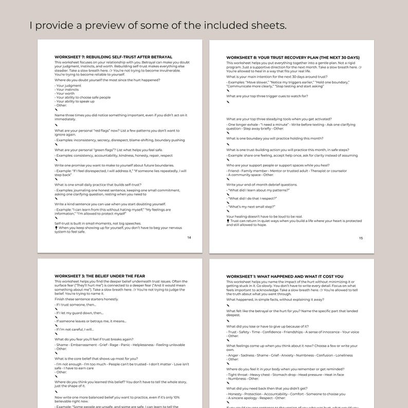 May include: A preview of several worksheets with text. The worksheets cover topics such as rebuilding self-trust after betrayal, trust recovery, and identifying core beliefs. The text is black on a white background.