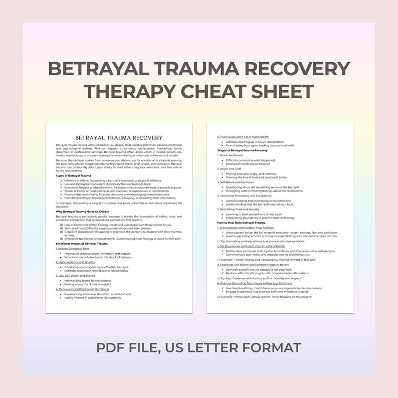 Betrayal Trauma Therapy Cheat Sheet, Trust Recovery, Emotional Healing, Relationship Healing, Emotional Safety, Self-Worth Growth image 1