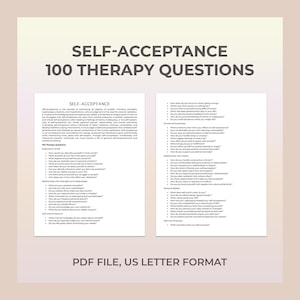 Domande sulla terapia di autoaccettazione, autocompassione, pace interiore, autostima, imperfezione, autostima, consapevolezza, foglio di lavoro sulla terapia