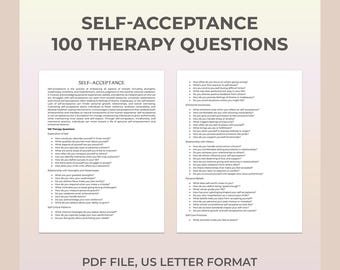Domande sulla terapia di autoaccettazione, autocompassione, pace interiore, autostima, imperfezione, autostima, consapevolezza, foglio di lavoro sulla terapia