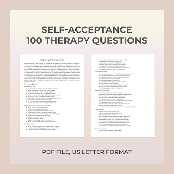 Self-Acceptance Therapy Questions, Self-Compassion, Inner Peace, Self-Worth, Imperfection, Self-Esteem, Mindfulness, Therapy Worksheet