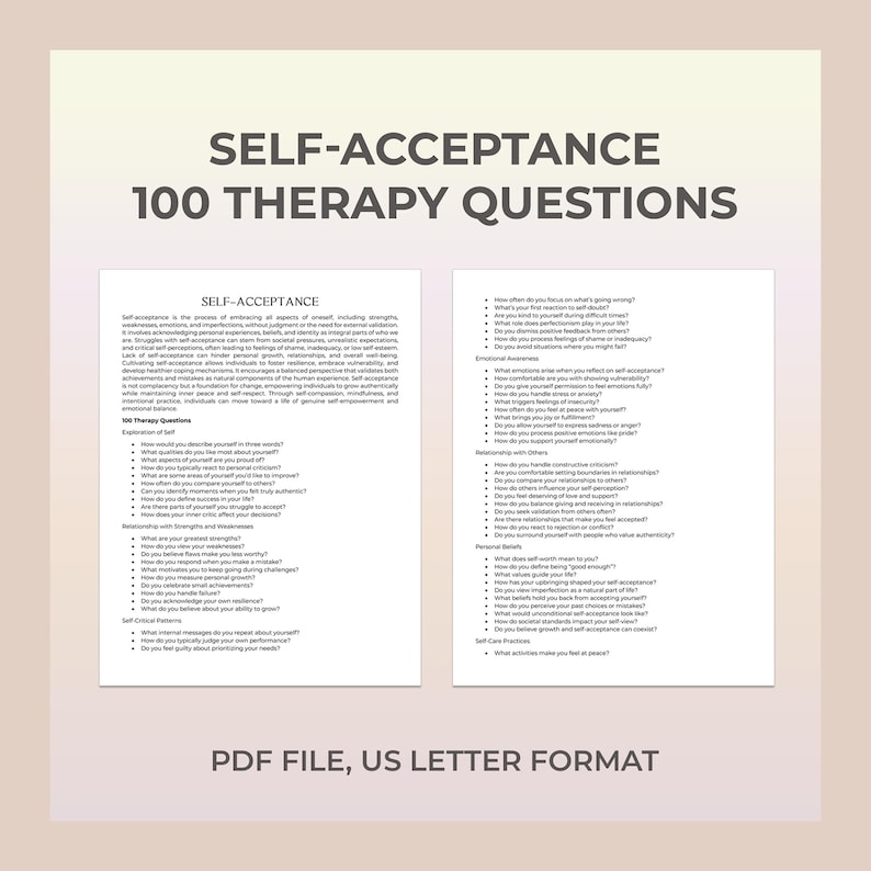 Self-Acceptance Therapy Questions, Self-Compassion, Inner Peace, Self-Worth, Imperfection, Self-Esteem, Mindfulness, Therapy Worksheet image 1