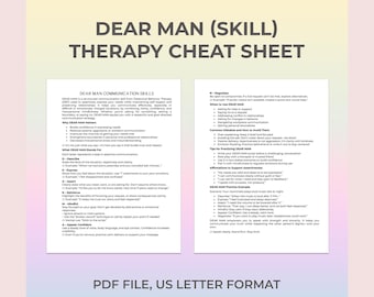 Könnte beinhalten: Ein weißes und lila Therapie-Spickzettel mit dem Titel "DEAR MAN (SKILL) THERAPY CHEAT SHEET". Das Dokument ist eine PDF-Datei im US Letter-Format. Der Text beschreibt Kommunikationsfähigkeiten.
