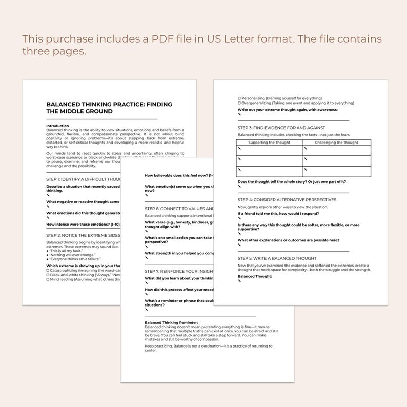 Balanced Thinking, CBT Worksheet, Therapy Printable, Cognitive Skill ...