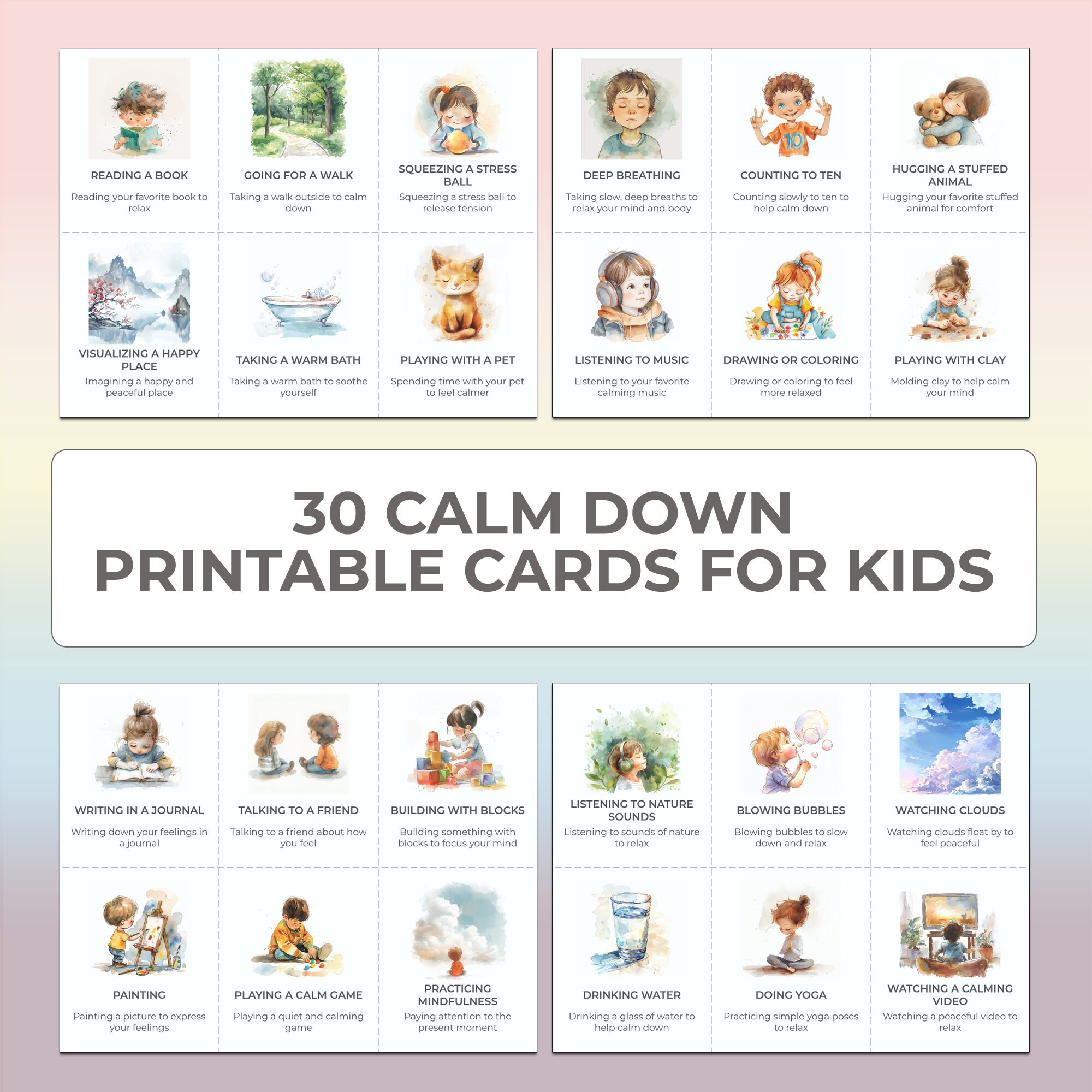 Calming Therapy Cards for Kids Printable Psychotherapy Game Children Emotional Regulation Stress Relief Mental Health Support Therapist PDF