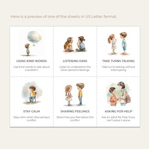 Puede incluir: Un gr&aacute;fico colorido con ilustraciones de ni&ntilde;os interactuando. El gr&aacute;fico enumera seis formas de resolver conflictos: Usar palabras amables, Escuchar atentamente, Turnarse para hablar, Mantener la calma, Compartir sentimientos y Pedir ayuda.