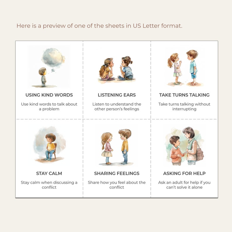 Puede incluir: Un gr&aacute;fico colorido con ilustraciones de ni&ntilde;os interactuando. El gr&aacute;fico enumera seis formas de resolver conflictos: Usar palabras amables, Escuchar atentamente, Turnarse para hablar, Mantener la calma, Compartir sentimientos y Pedir ayuda.