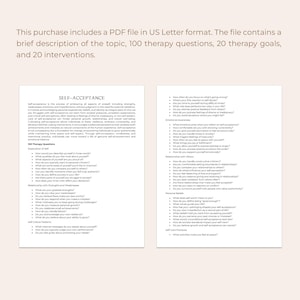 May include: A printable PDF worksheet with the title "Self-Acceptance" and a list of therapy questions and self-care practices to help you improve your self-esteem.