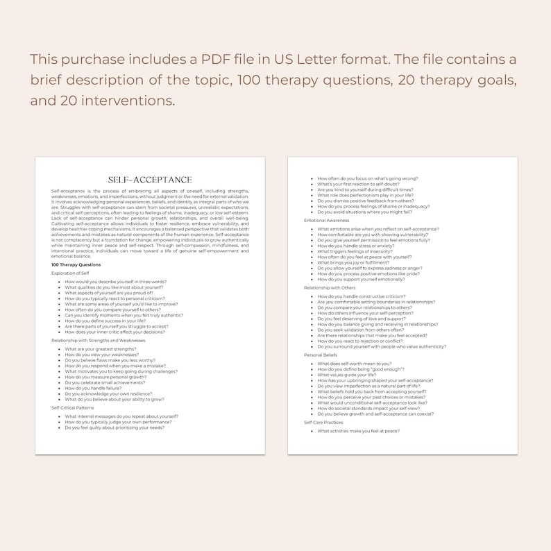 May include: A printable PDF worksheet with the title "Self-Acceptance" and a list of therapy questions and self-care practices to help you improve your self-esteem.