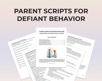 May include: A stack of white paper documents with the title "PARENT SCRIPTS FOR DEFIANT BEHAVIOR" in large, bold, black letters. The documents include the text "HYPERLINKED PDF FILE, 12 PAGES" and "PARENT REFLECTION AND ACTION PLAN".