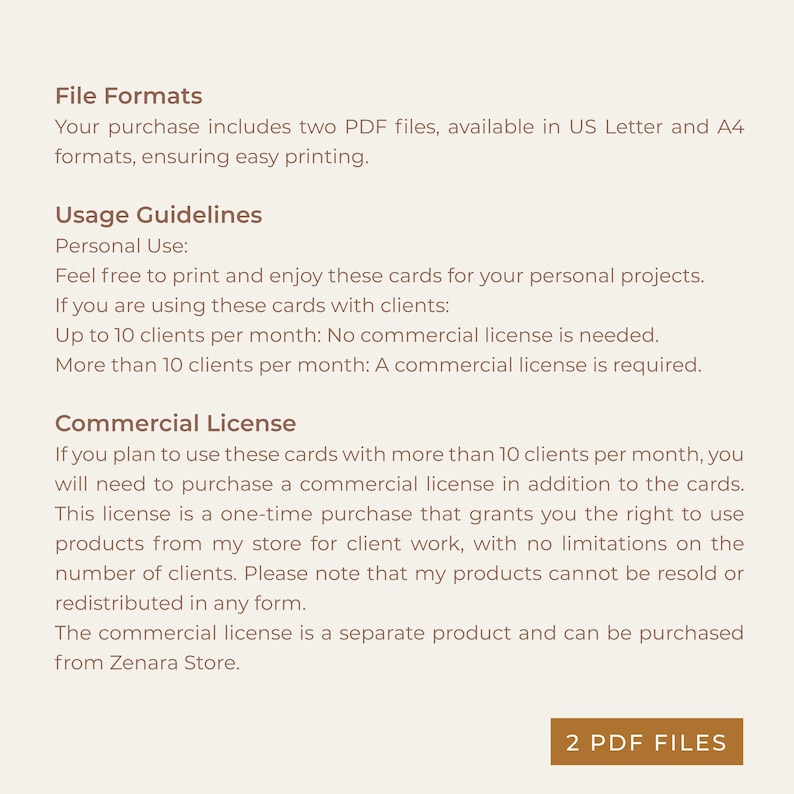 Puede incluir: Texto que explica los formatos de archivo y las pautas de uso para las tarjetas imprimibles. El texto menciona dos archivos PDF, el uso personal y las licencias comerciales. El texto tambi&eacute;n incluye la frase "2 ARCHIVOS PDF".
