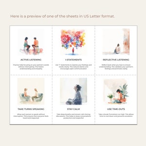 May include: A colourful infographic with watercolour illustrations depicting six communication tips for couples. The tips include active listening, I-statements, reflective listening, take turns speaking, stay calm, and use time-outs.