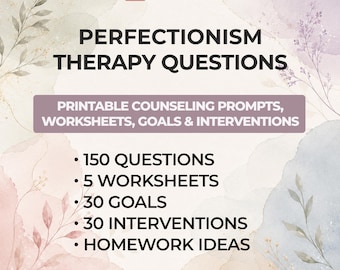 Perfectionism Therapy Questions Printable Counseling Worksheets Self-Compassion Prompts CBT Inner Critic Resource PDF Workbook Guide Pack