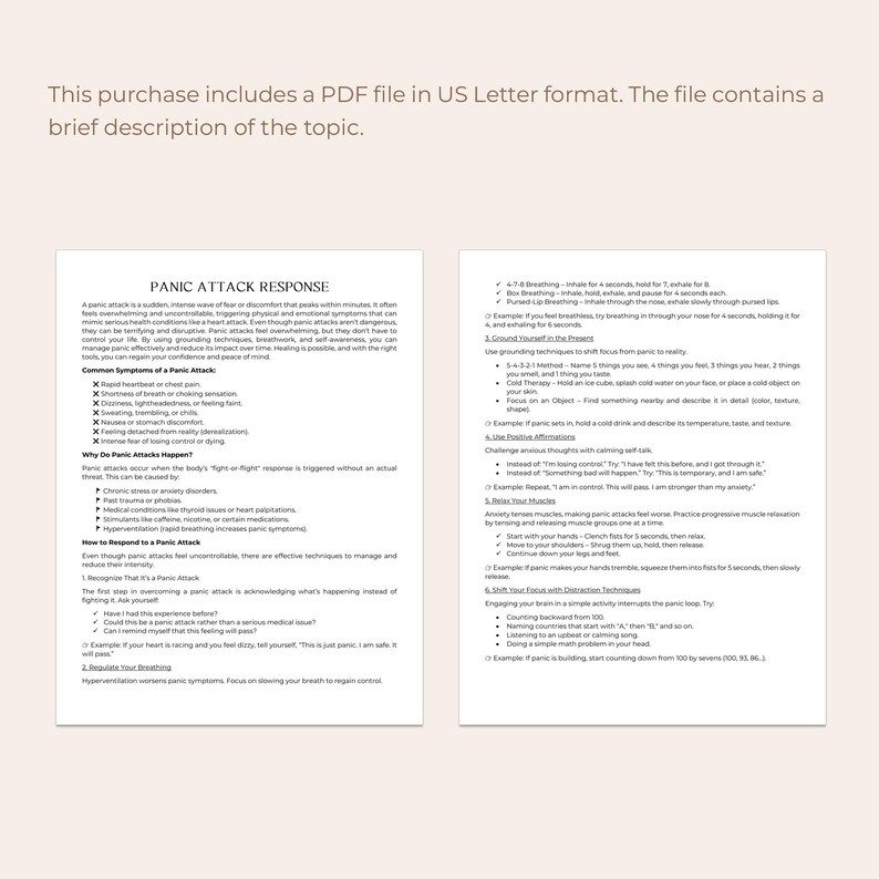 May include: A printable PDF guide with tips on how to manage panic attacks. The guide includes information on common symptoms, why panic attacks happen, how to prepare for a panic attack, and techniques to manage panic attacks.