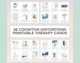 CBT Therapy Cards, Cognitive Distortions, Cognitive-Behavioral Cheat Sheet, Printable Flashcards, Mental Health, Psychology, Worksheets