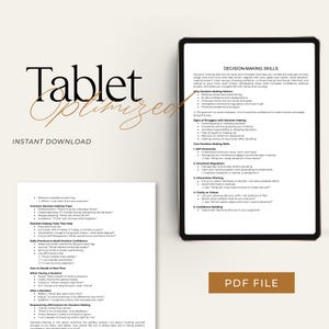 May include: A digital tablet displays a document titled "Decision-Making Skills." The document includes bullet points on self-awareness, emotional regulation, and confidence building. The words "Tablet Optimized" and "Instant Download" are also visible.