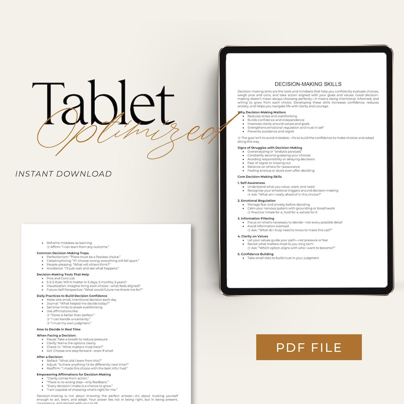 May include: A digital tablet displays a document titled "Decision-Making Skills." The document includes bullet points on self-awareness, emotional regulation, and confidence building. The words "Tablet Optimized" and "Instant Download" are also visible.