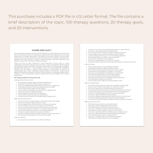 Puede incluir: Una hoja de trabajo PDF imprimible con el t&iacute;tulo "Verg&uuml;enza y culpa" y una lista de 100 preguntas de terapia para comprender la verg&uuml;enza y la culpa. La hoja de trabajo est&aacute; dividida en tres secciones: Comprender la verg&uuml;enza y la culpa, Explorar los v&iacute;nculos de la verg&uuml;enza y la culpa, y Liberar la verg&uuml;enza y la culpa.