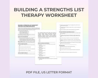 Hoja de trabajo con lista de fortalezas para terapia y coaching: desarrollo de autoestima y confianza. Salud mental imprimible para adolescentes y adultos.