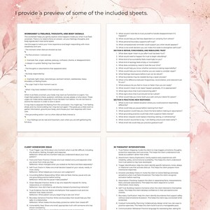 Pu&ograve; includere: Quattro pagine bianche di testo stampato contenenti schede terapeutiche e interventi per terapeuti. I documenti includono sezioni intitolate Worksheet 2: Feelings, Thoughts, and Body Signals, Client Homework Ideas e 30 Therapist Interventions.