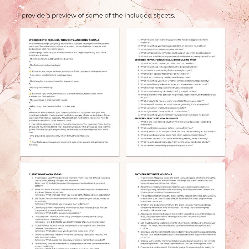 Pu&ograve; includere: Quattro pagine bianche di testo stampato contenenti schede terapeutiche e interventi per terapeuti. I documenti includono sezioni intitolate Worksheet 2: Feelings, Thoughts, and Body Signals, Client Homework Ideas e 30 Therapist Interventions.