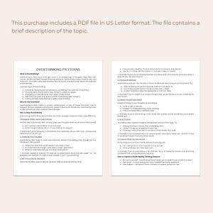 May include: A two-page printable worksheet with tips on how to stop overthinking. The worksheet is titled "Overthinking Patterns" and includes sections on what overthinking is, why we overthink, common signs of overthinking, how to stop overthinking, and how to build healthy thinking patterns.