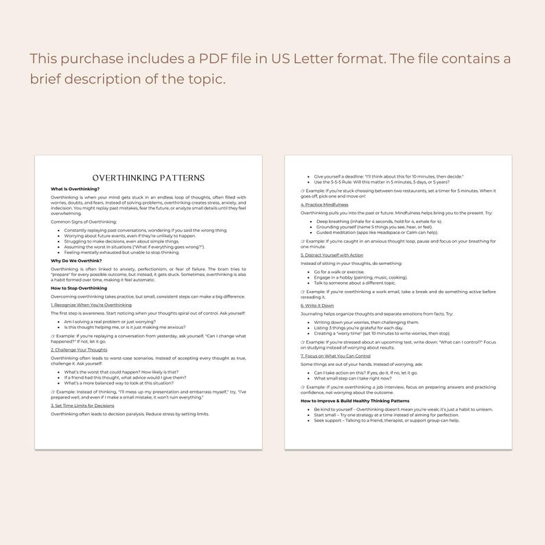 May include: A two-page printable worksheet with tips on how to stop overthinking. The worksheet is titled "Overthinking Patterns" and includes sections on what overthinking is, why we overthink, common signs of overthinking, how to stop overthinking, and how to build healthy thinking patterns.