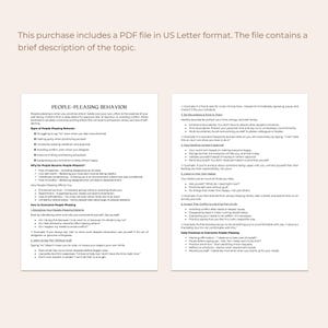 May include: A printable worksheet with the title "People-Pleasing Behavior" and a list of signs, reasons, and ways to overcome people-pleasing behavior. The worksheet also includes a section on setting healthy boundaries and dealing with conflict.