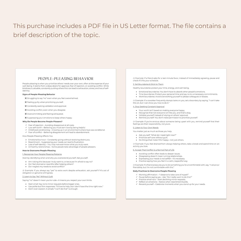 May include: A printable worksheet with the title "People-Pleasing Behavior" and a list of signs, reasons, and ways to overcome people-pleasing behavior. The worksheet also includes a section on setting healthy boundaries and dealing with conflict.