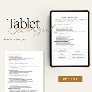 Puede incluir: Una tableta digital muestra un documento titulado "Inner Child Healing" con vi&ntilde;etas y una tabla. Tambi&eacute;n son visibles las palabras "Tablet Optimized" e "Instant Download". Un bot&oacute;n de archivo PDF est&aacute; en la parte inferior.