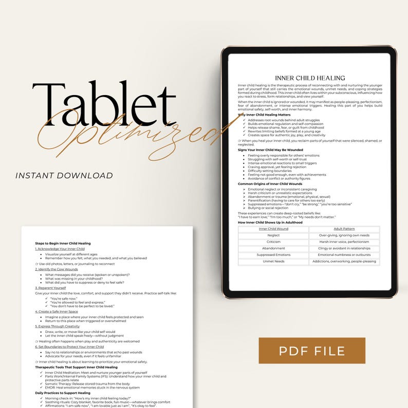 Puede incluir: Una tableta digital muestra un documento titulado "Inner Child Healing" con vi&ntilde;etas y una tabla. Tambi&eacute;n son visibles las palabras "Tablet Optimized" e "Instant Download". Un bot&oacute;n de archivo PDF est&aacute; en la parte inferior.