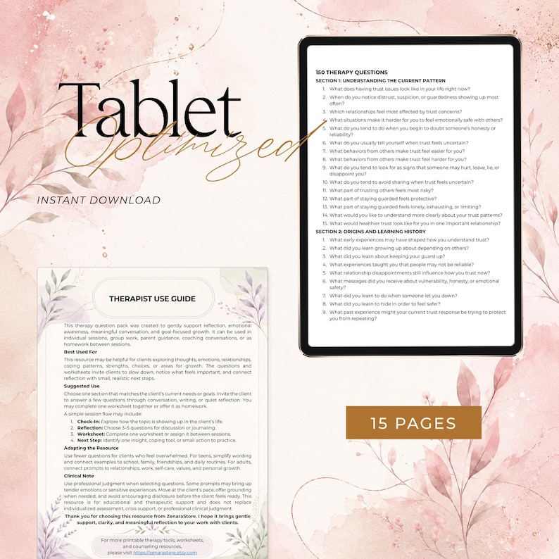 Pu&ograve; includere: Un set di risorse terapeutiche digitali con un tablet che mostra 150 domande di terapia organizzate in sezioni su modelli attuali e origini, insieme a una guida all'uso per terapeuti su uno sfondo floreale rosa tenue.