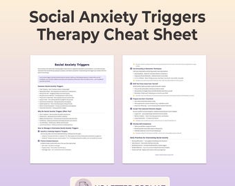 Social Anxiety Therapy Cheat Sheet 2 Page PDF Triggers Public Speaking Fear Judgment Rejection Shyness Coping Skills CBT Exposure Guide