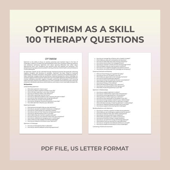 Optimism Therapy Questions, Positivity, Gratitude, Growth Mindset, Self-Compassion, Emotional Balance, Joy, Motivation, Self-Confidence