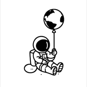 Clipart espacial lindo con diseño de astronauta multiusos en forma de globo terrestre: diseño de astronauta de dibujos animados en blanco y negro para amantes del espacio, ideal para camisetas y tazas.